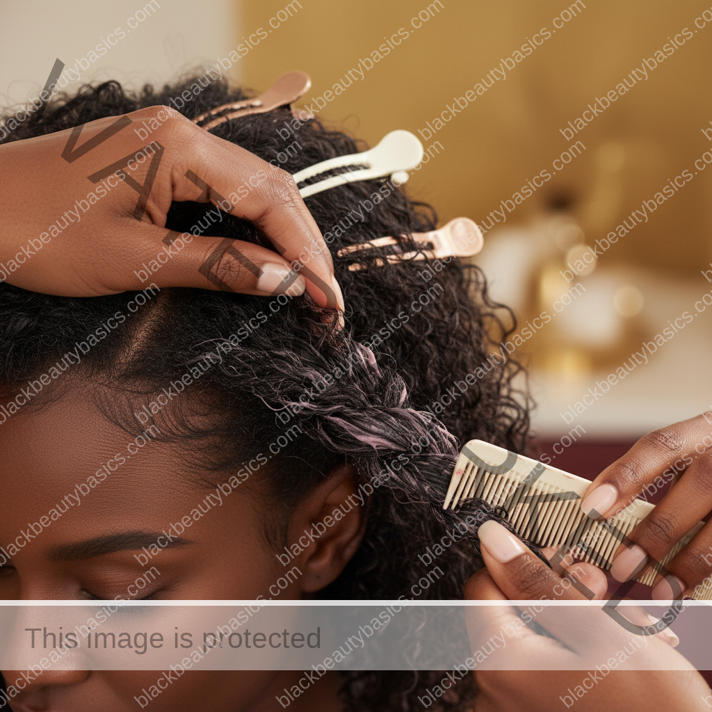 Melanin-rich Black woman with rich brown skin and textured hair using a practical natural-hair care step with natural hands and correct anatomy