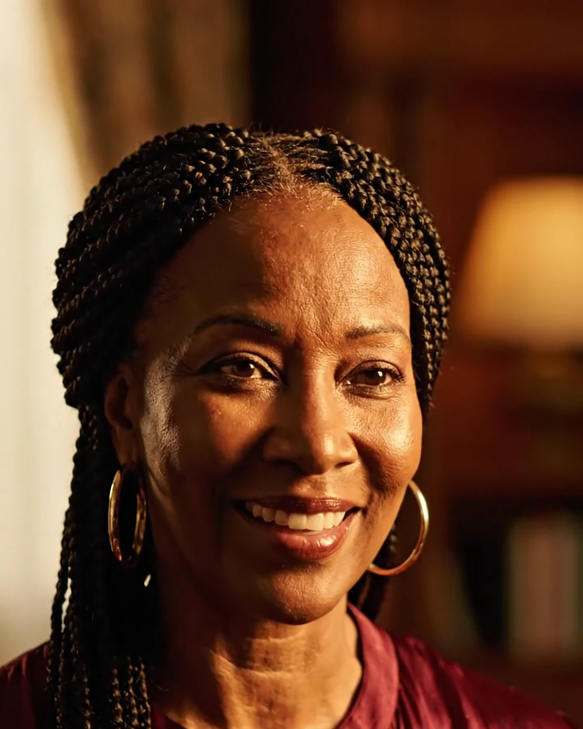 Black woman with rich brown skin in warm golden light representing the first love