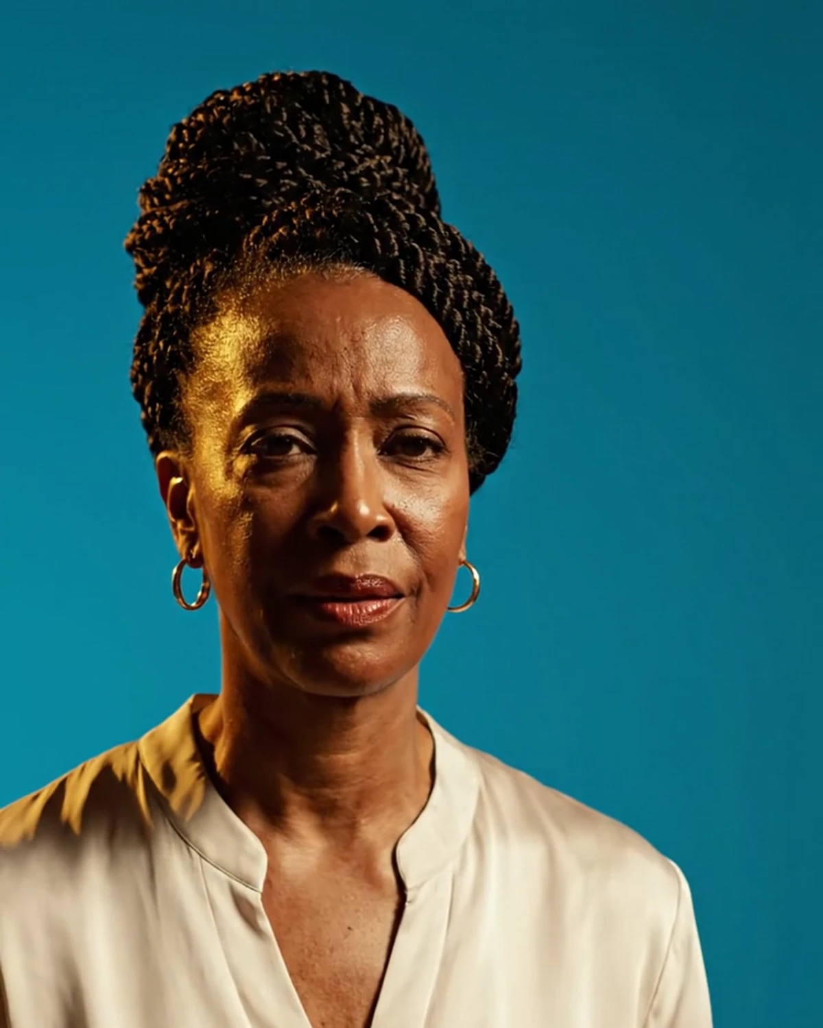 Black woman standing calmly near a window in cool blue and bronze light representing the one who got away