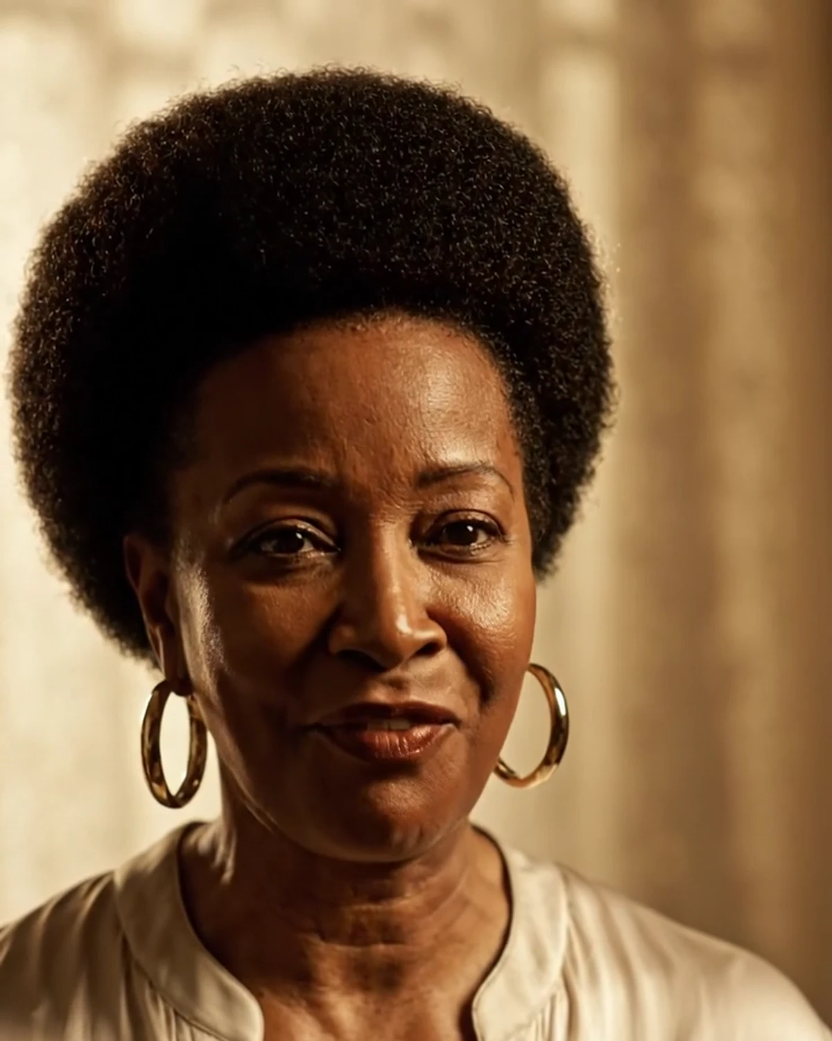Black woman in a warm ivory room with a gentle expression representing the nurturing woman