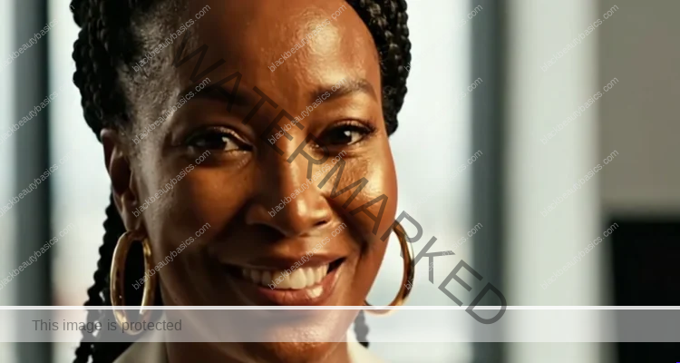 Confident Black woman in a tailored plum suit with rich brown skin and soft gold accents