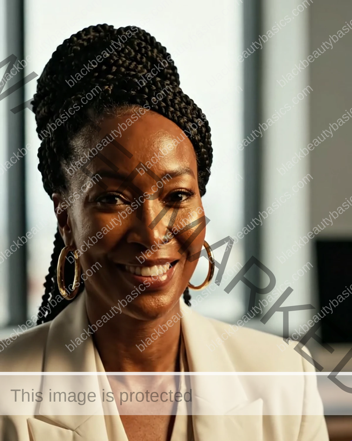 Confident Black woman in a tailored plum suit with rich brown skin and soft gold accents