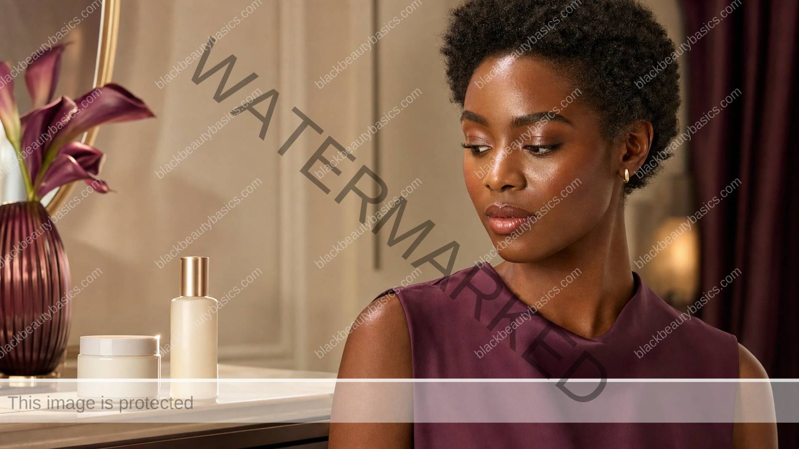 Black woman reviewing a ceramide moisturizer placed on her vanity during an evening routine