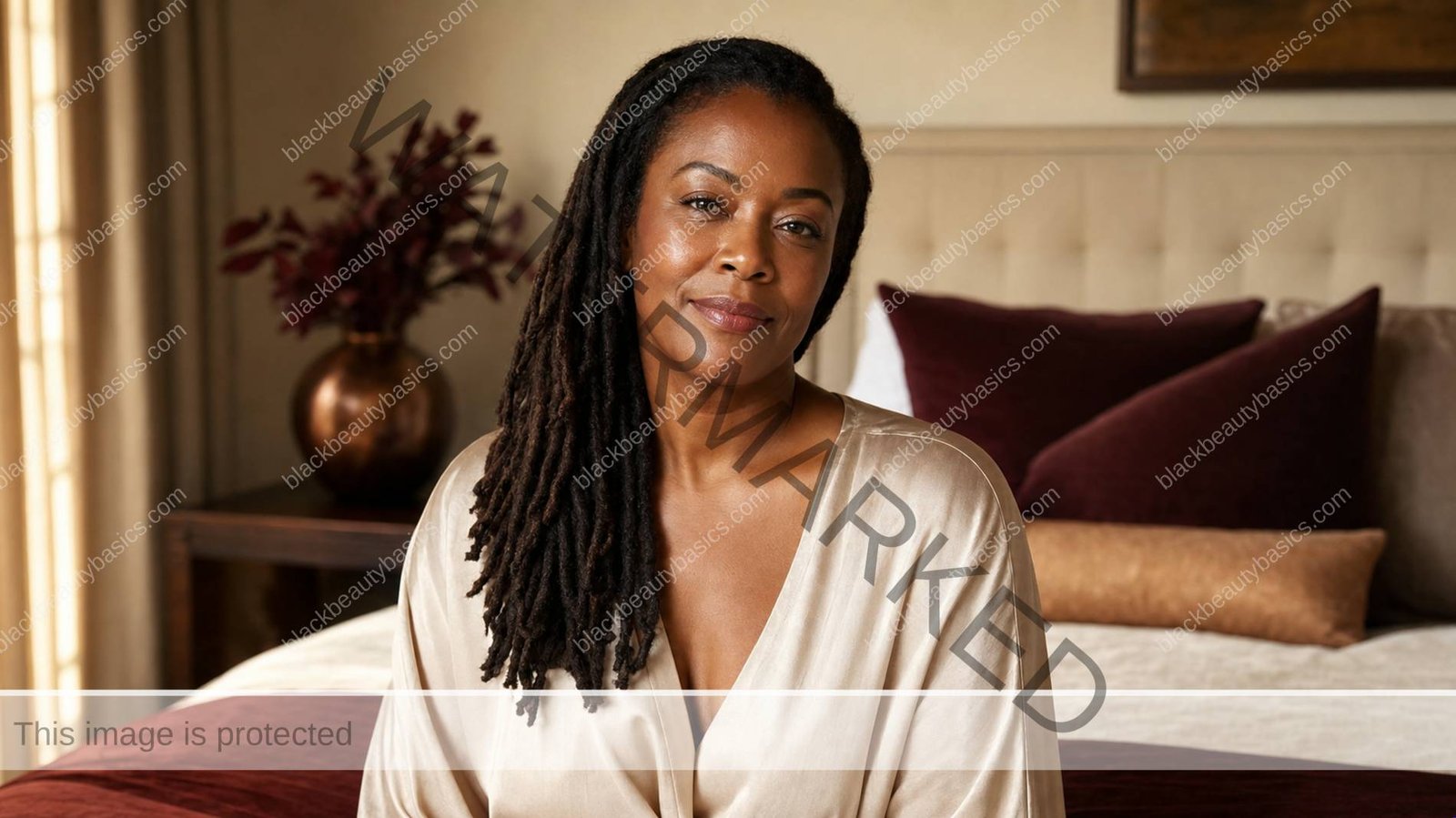 Black woman with richly melanated skin enjoying a calm confident moment after skincare