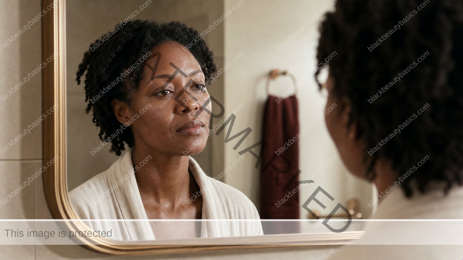 Black woman calmly checking dry facial skin at her bathroom mirror in soft morning light