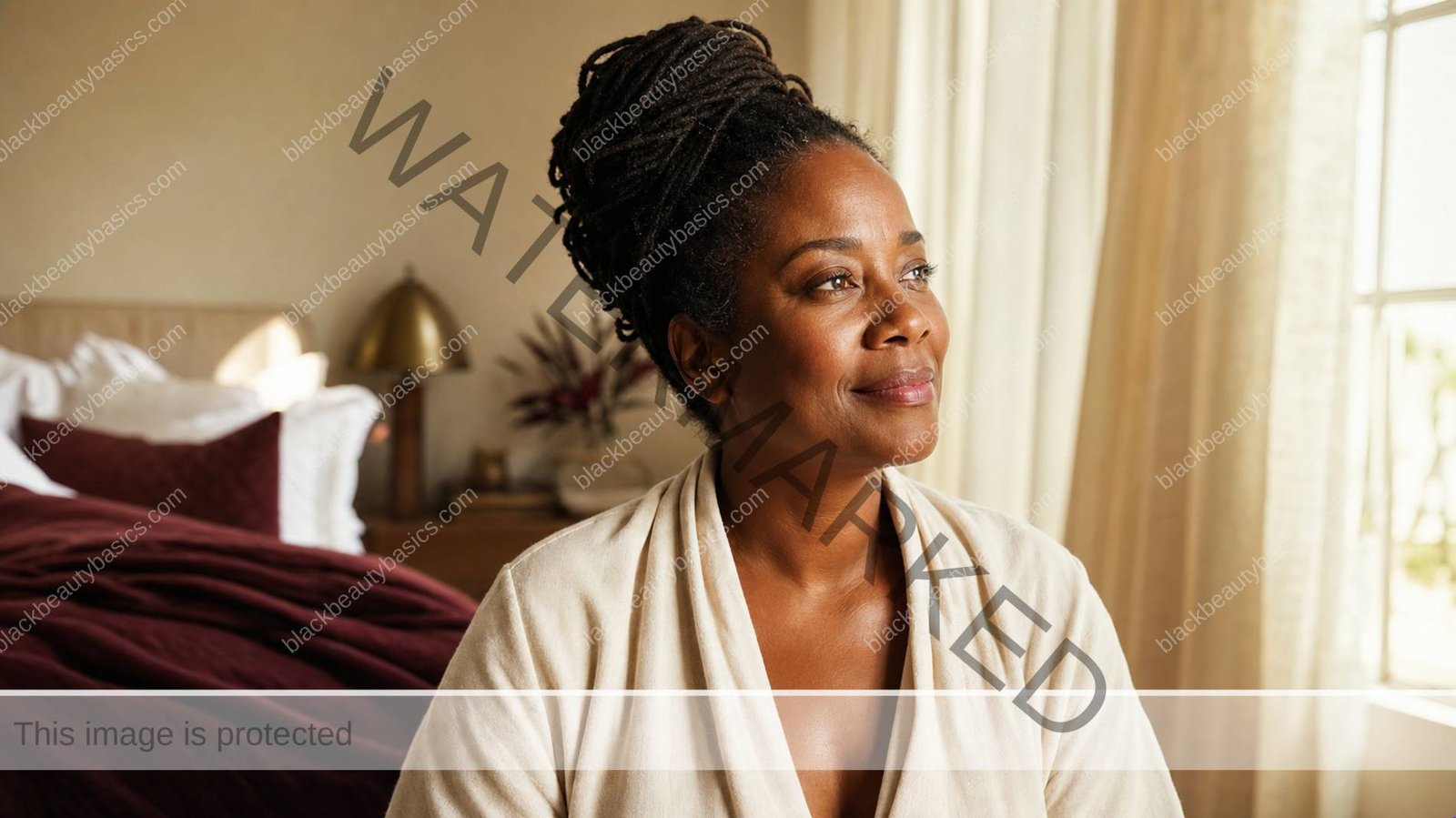Black woman with melanin-rich skin waking comfortable and confident after a simple routine