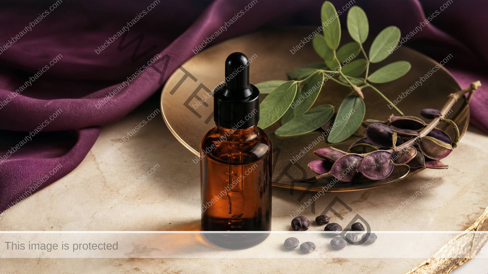 Unbranded bakuchiol-style serum with restrained botanical ingredients in an editorial flat lay