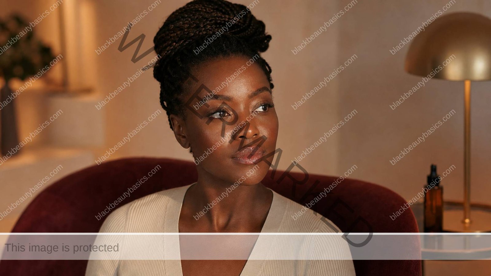Black woman thoughtfully considering a new skincare serum at her vanity