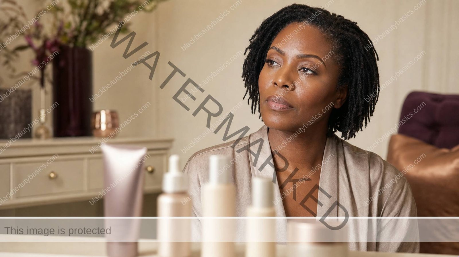 Black woman calmly reviewing changes in her skin at a bathroom mirror