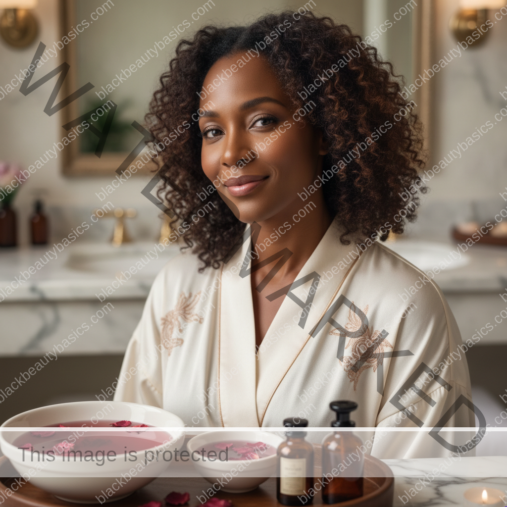 Black woman with rich brown skin enjoying a polished self-care moment