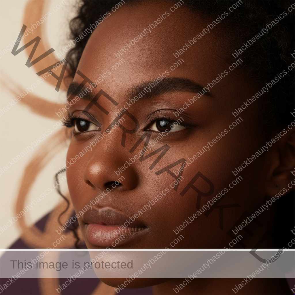 Black woman studying her natural brow shape with a calm confident expression