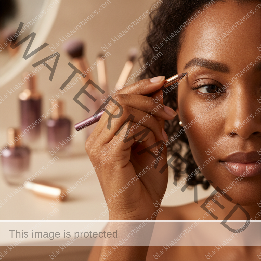 Black woman gently filling one eyebrow with a precise brow pencil