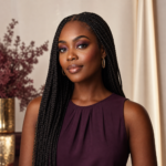 Black woman with long braids wearing refined plum makeup
