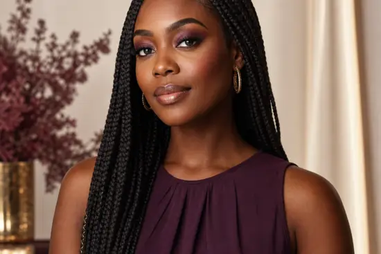 Black woman with long braids wearing refined plum makeup