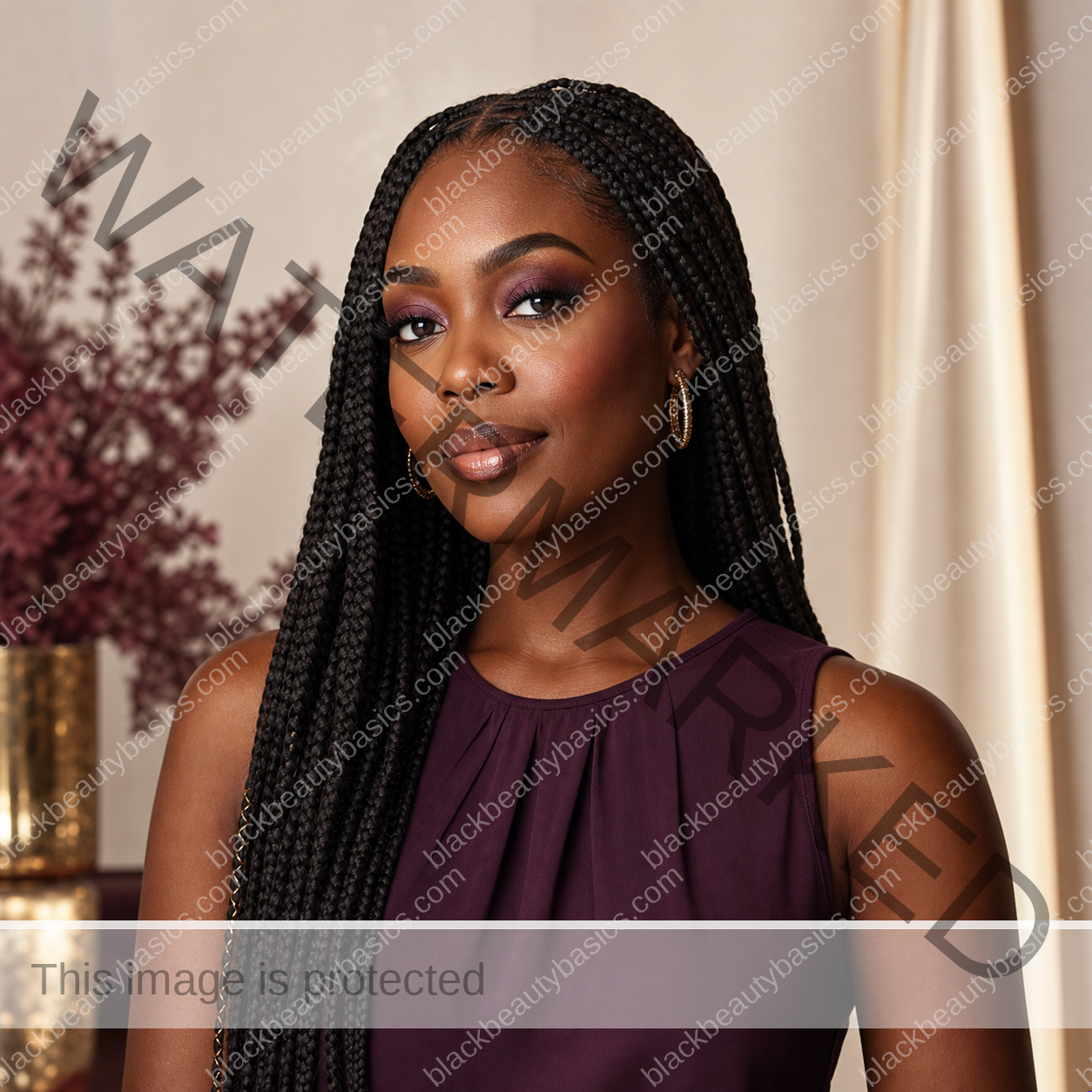 Black woman with long braids wearing refined plum makeup