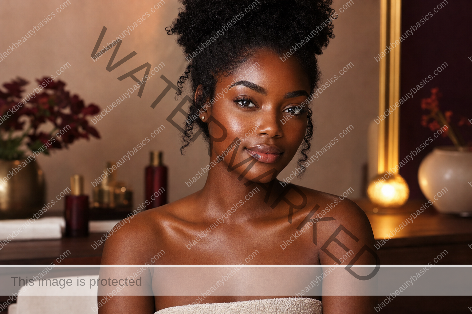 Black woman with rich brown skin using a calm barrier repair routine at a warm editorial vanity