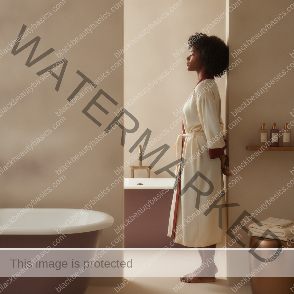 Black woman with rich brown skin keeping fragrance-free skincare label reading and a lower-variable routine practical in daily life