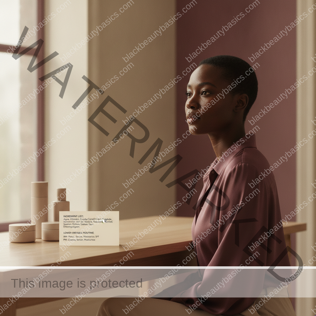 Black woman thoughtfully considering fragrance-free skincare label reading and a lower-variable routine