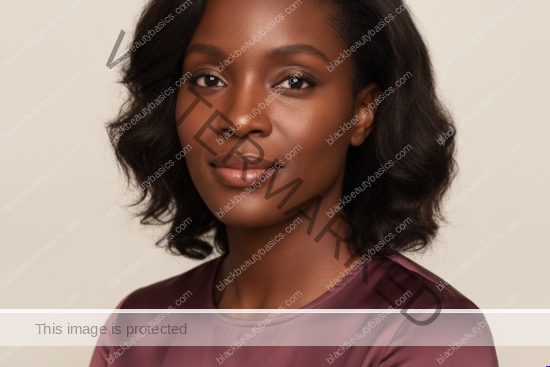 Black woman with rich brown skin representing fragrance-free skincare label reading and a lower-variable routine
