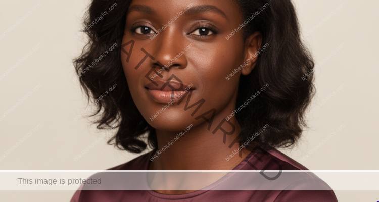 Black woman with rich brown skin representing fragrance-free skincare label reading and a lower-variable routine