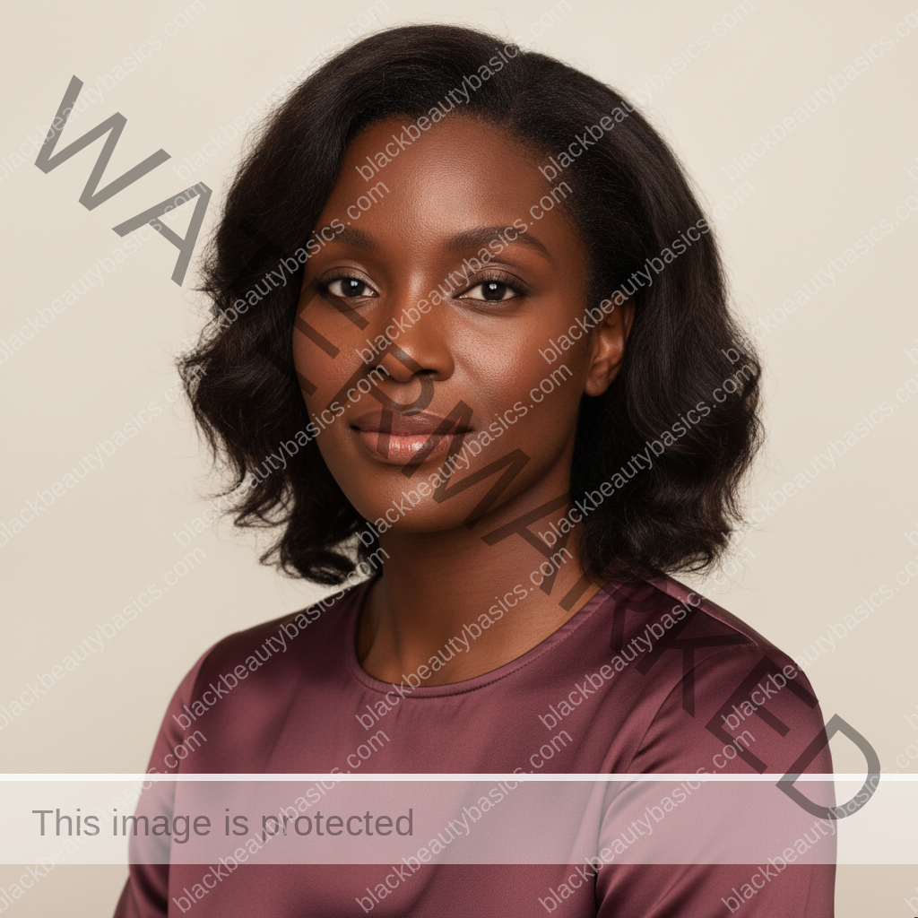 Black woman with rich brown skin representing fragrance-free skincare label reading and a lower-variable routine