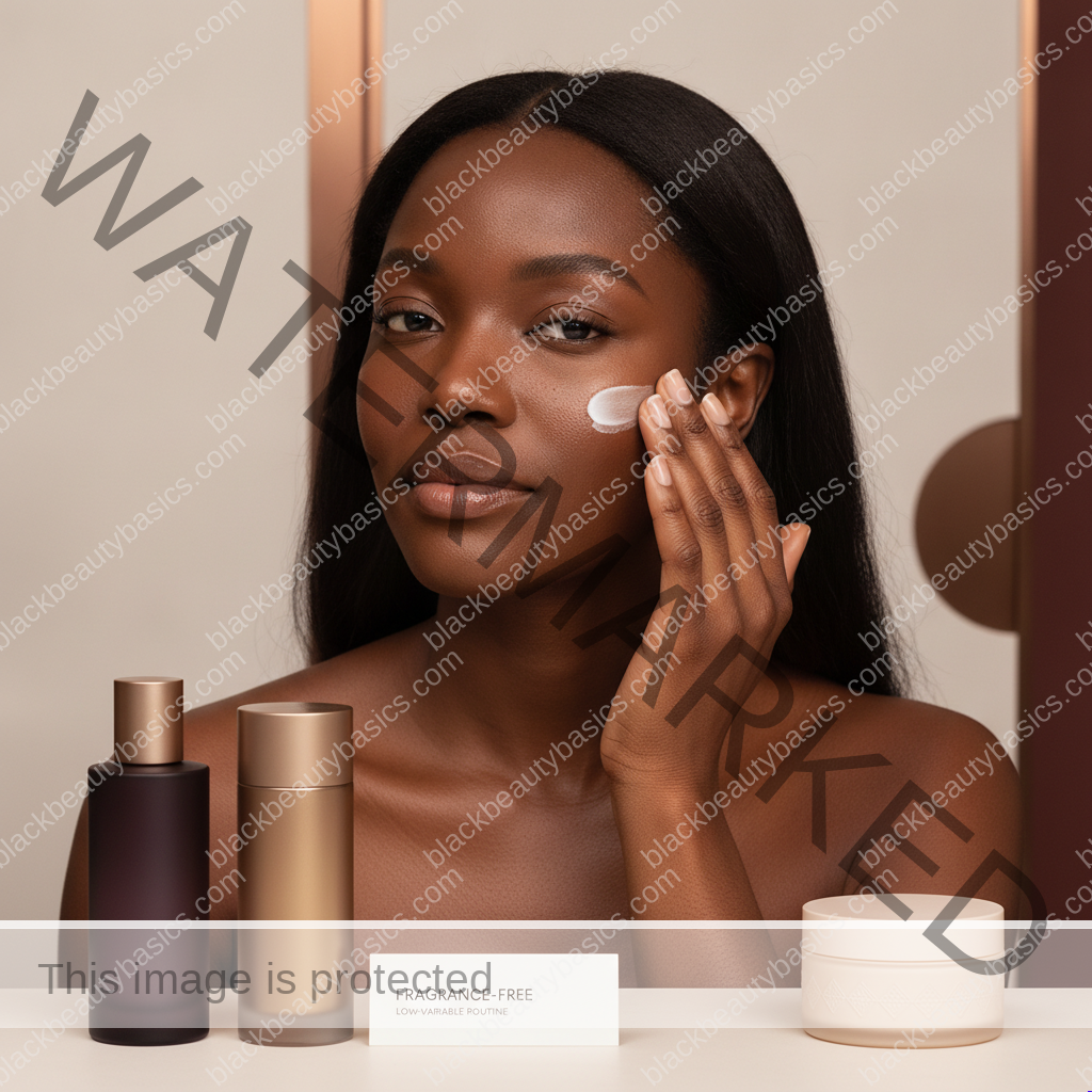 Black woman following one gentle step for fragrance-free skincare label reading and a lower-variable routine