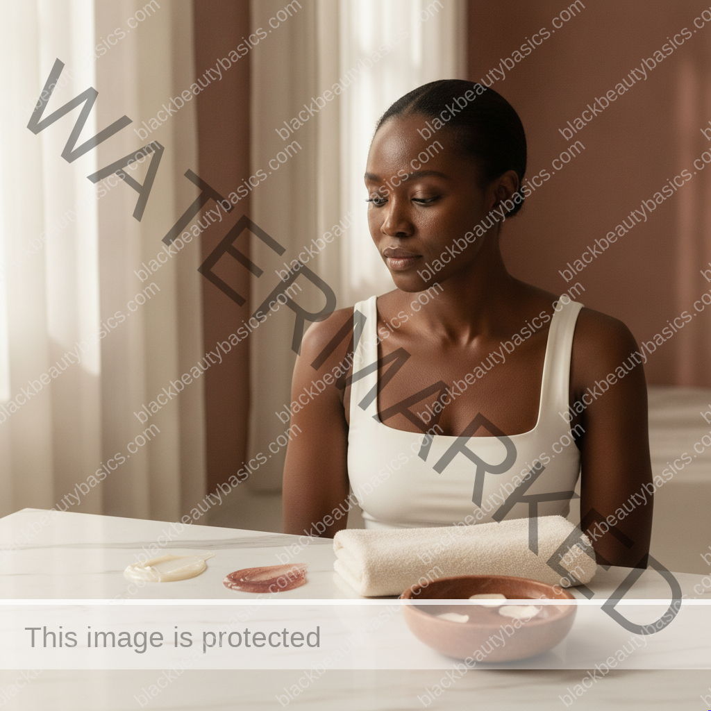 Black woman thoughtfully considering choosing a gentle cleanser when melanin-rich skin feels tight after washing