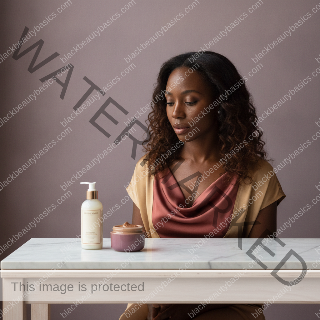 Black woman thoughtfully considering targeted moisturizer layering for dry patches and oily zones