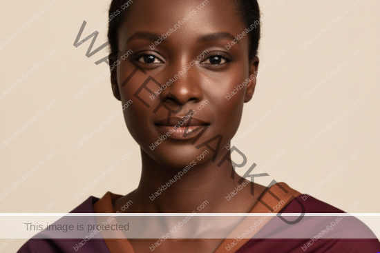 Black woman with rich brown skin representing targeted moisturizer layering for dry patches and oily zones