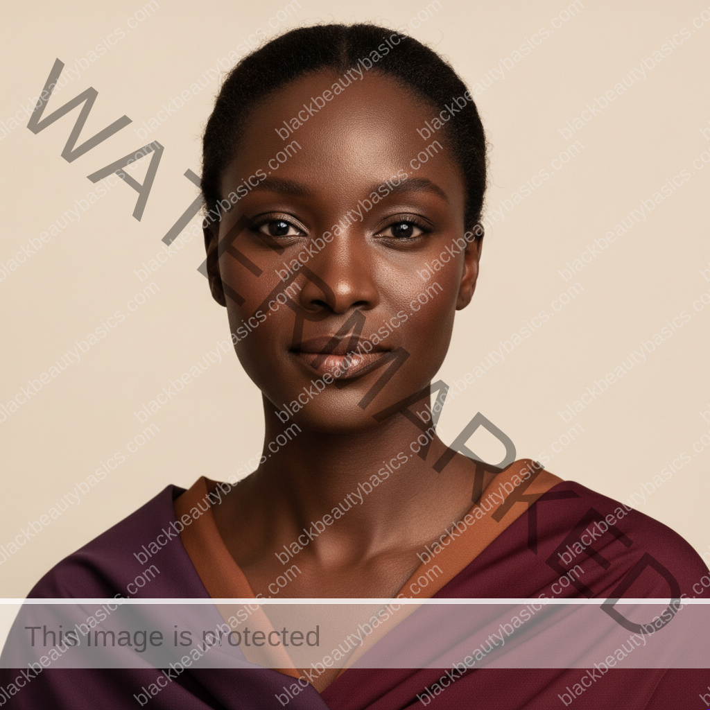 Black woman with rich brown skin representing targeted moisturizer layering for dry patches and oily zones