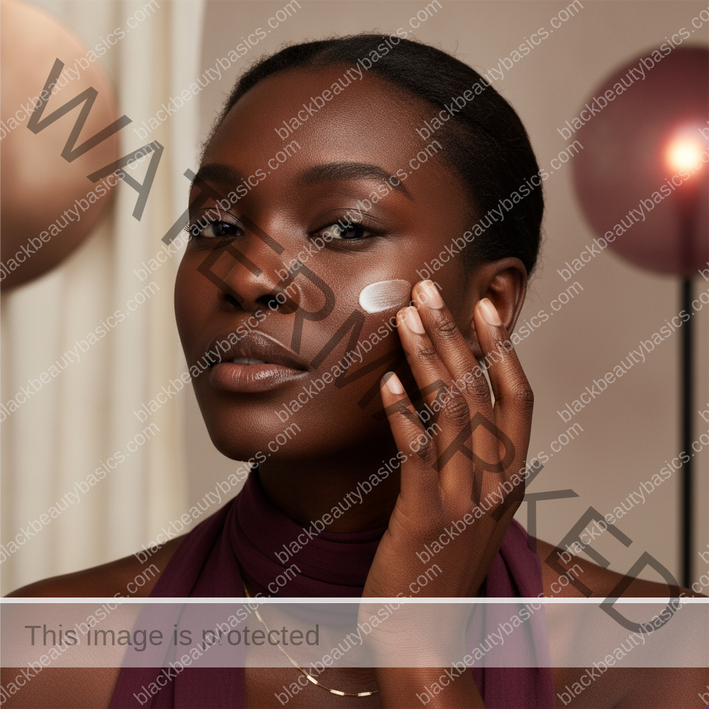 Black woman following one gentle step for targeted moisturizer layering for dry patches and oily zones