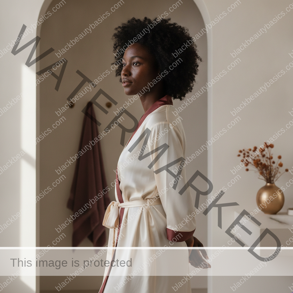 Black woman with rich brown skin keeping a no-actives baseline routine for melanin-rich sensitive skin practical in daily life