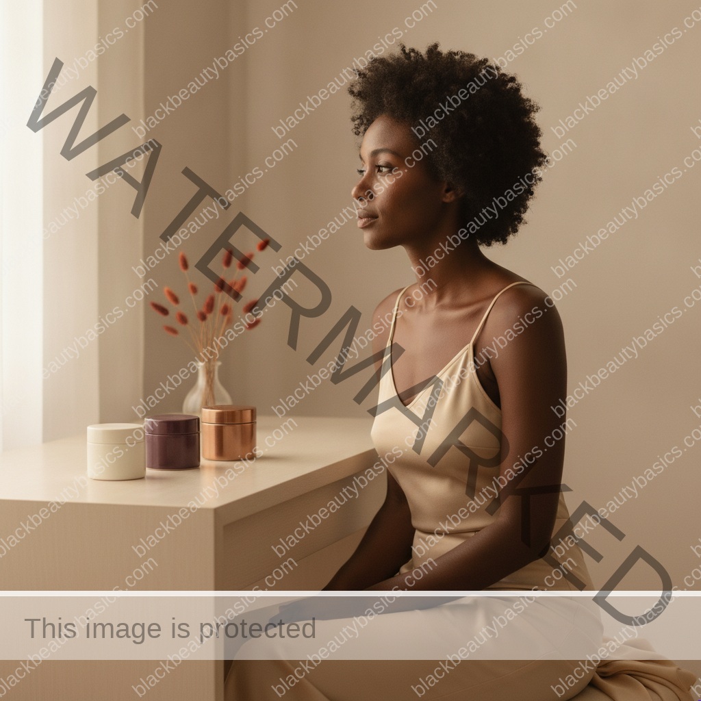Black woman thoughtfully considering a no-actives baseline routine for melanin-rich sensitive skin