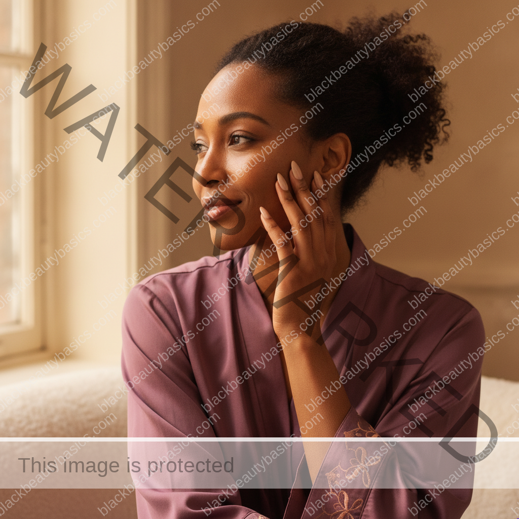 Black woman with rich brown skin calmly checking her cheek for comfort in natural window light