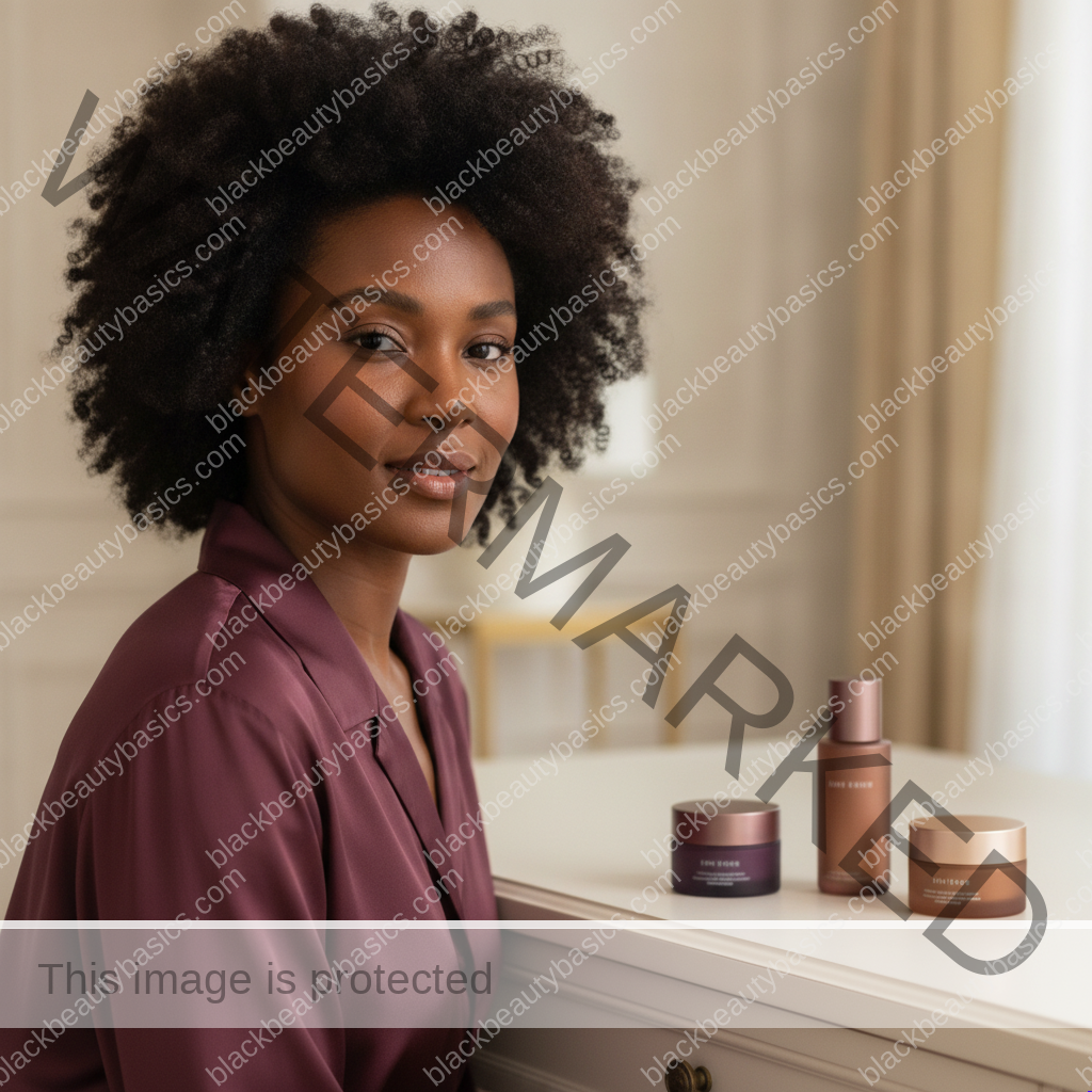 Black woman with rich brown skin beside a simple three-product skincare routine in a warm editorial setting