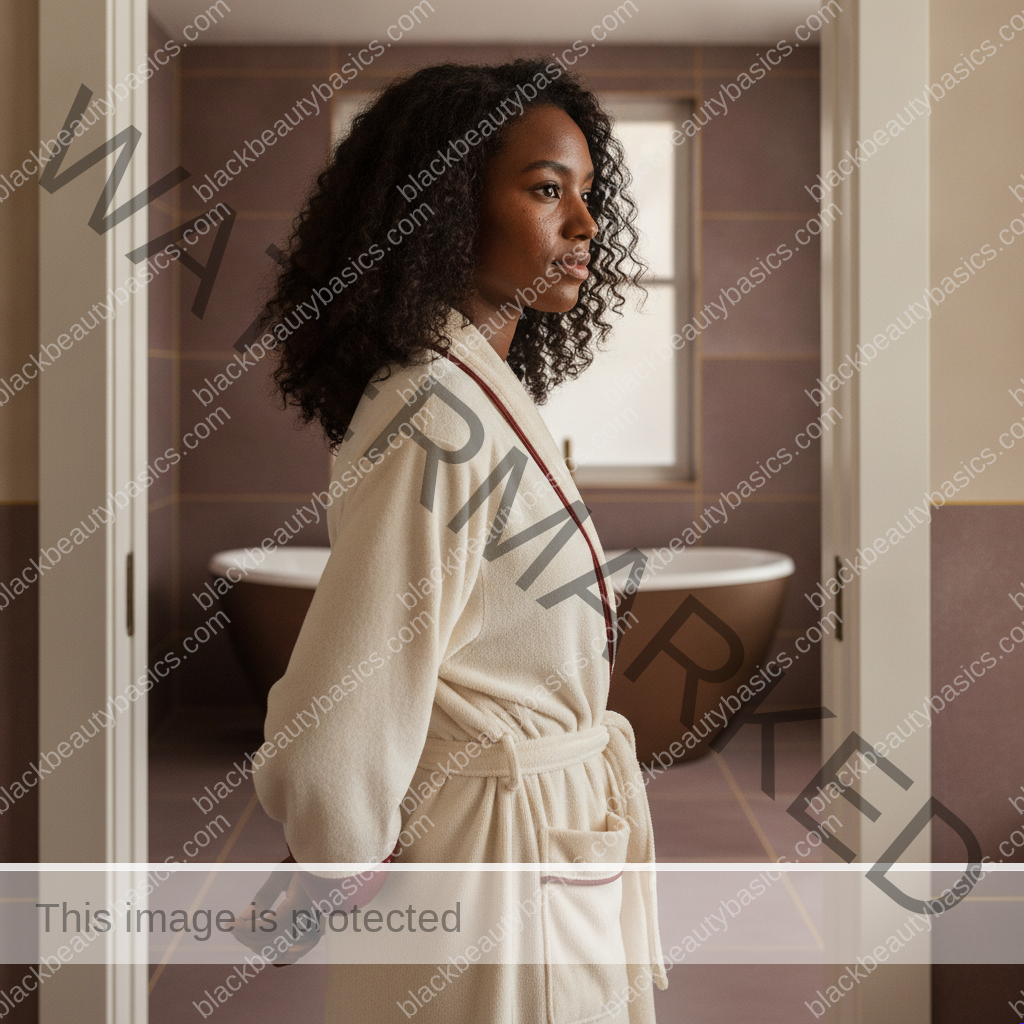 Black woman with rich brown skin keeping slowly reintroducing exfoliation after an overworked acid routine practical in daily life
