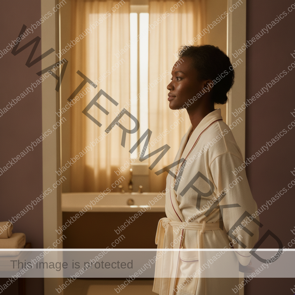 Black woman with rich brown skin keeping routine overload and the relief of choosing fewer skincare steps practical in daily life