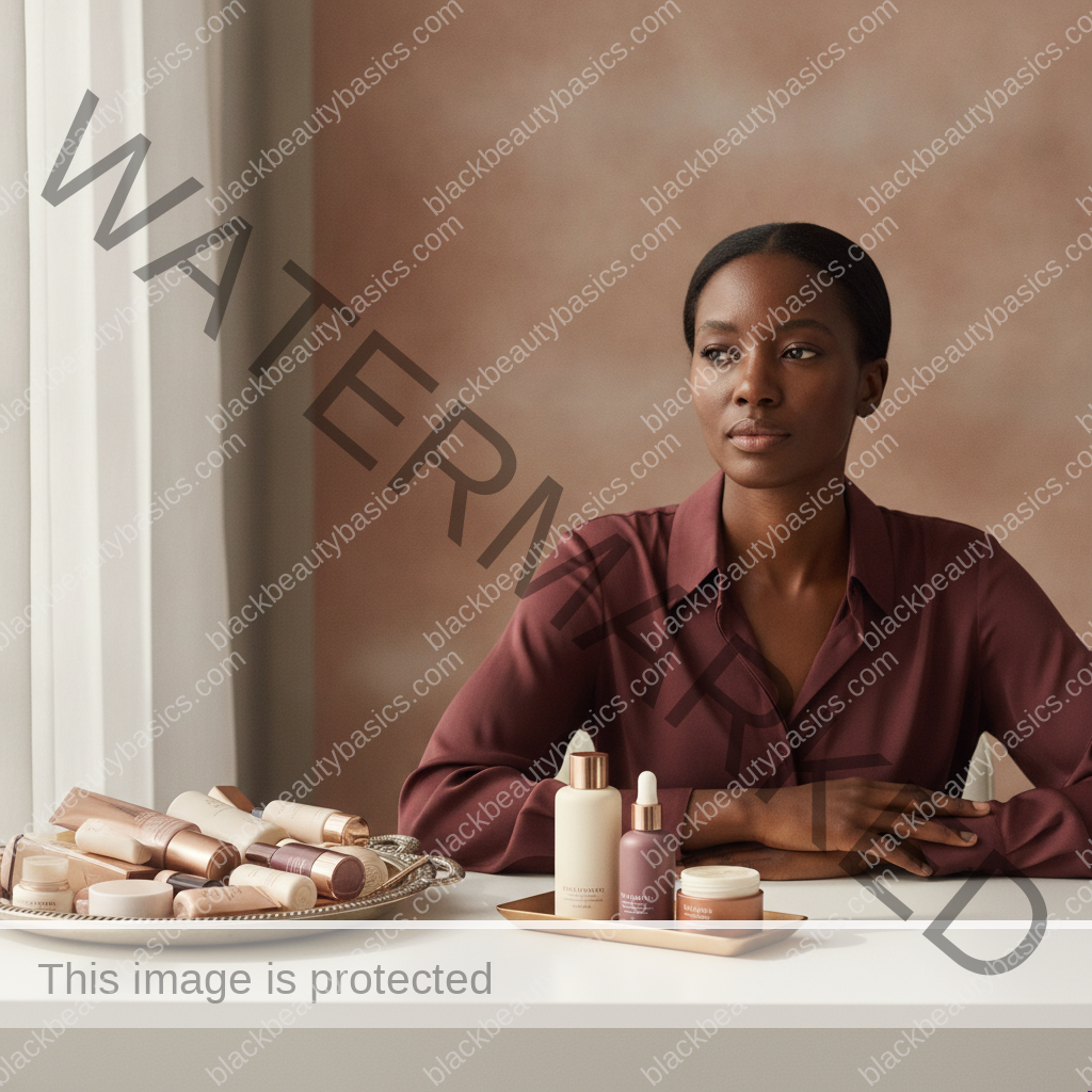 Black woman thoughtfully considering routine overload and the relief of choosing fewer skincare steps