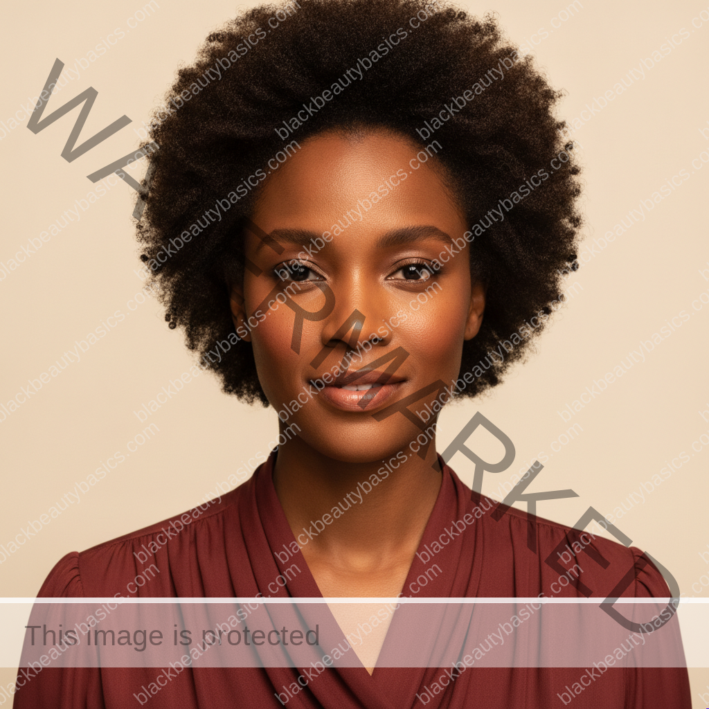 Black woman with rich brown skin representing routine overload and the relief of choosing fewer skincare steps