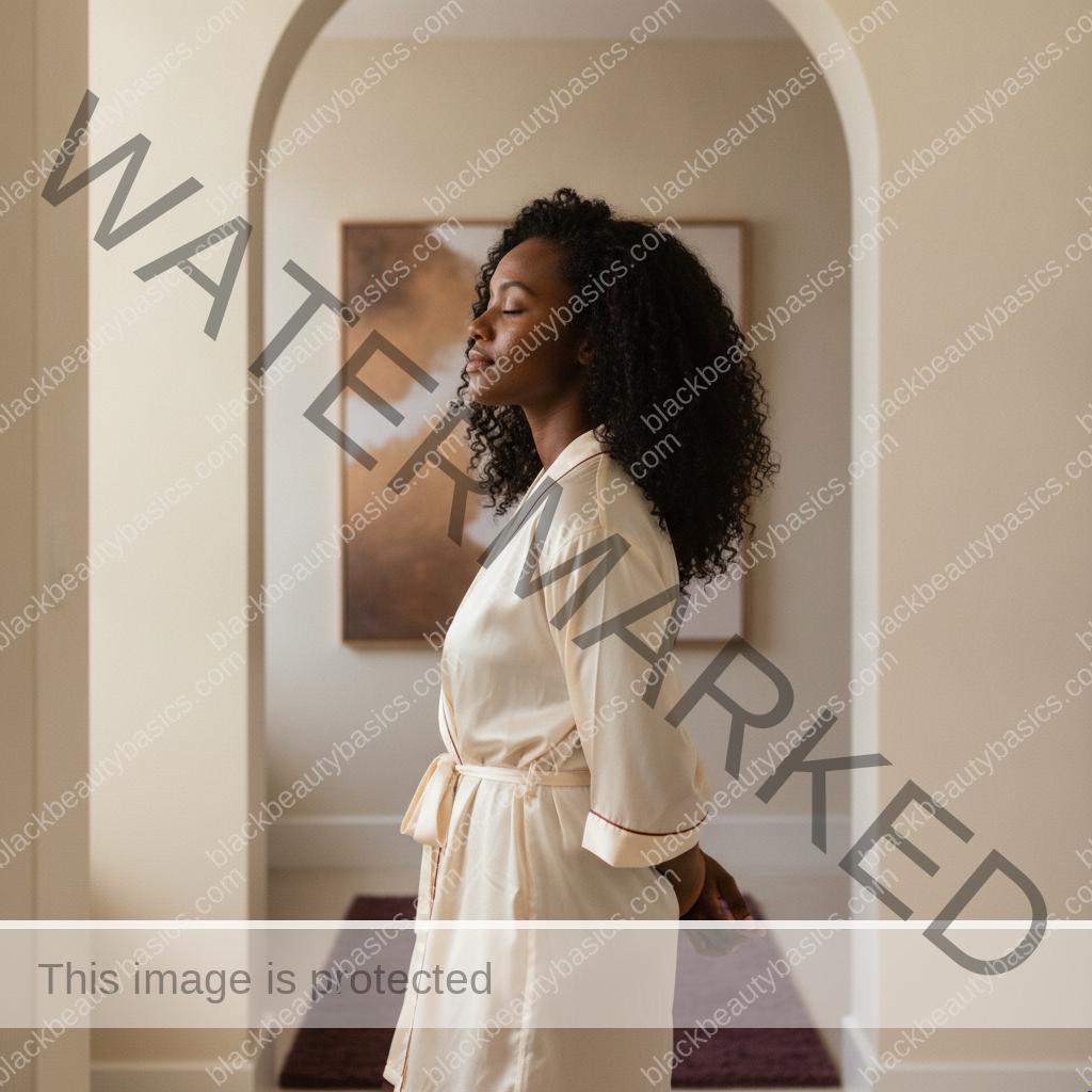 Black woman with rich brown skin keeping simplifying skincare after a reaction without panic or product overload practical in daily life