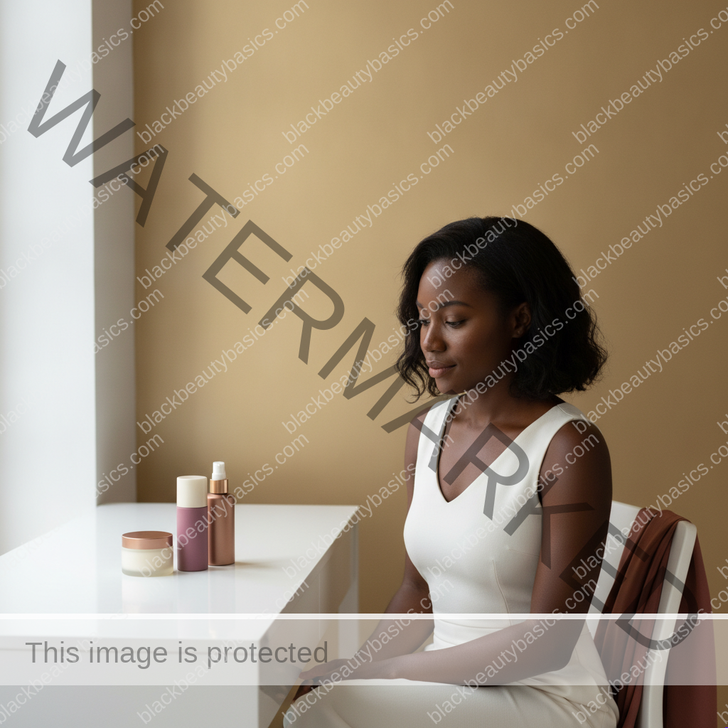 Black woman thoughtfully considering simplifying skincare after a reaction without panic or product overload