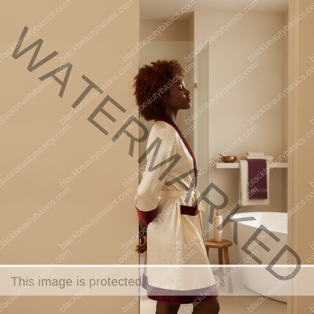 Black woman with rich brown skin keeping a protective minimal routine for skin that feels burning and reactive practical in daily life
