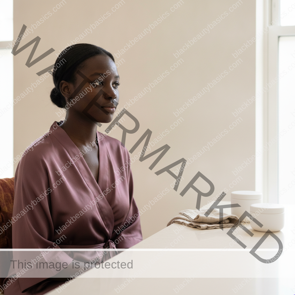 Black woman thoughtfully considering a protective minimal routine for skin that feels burning and reactive