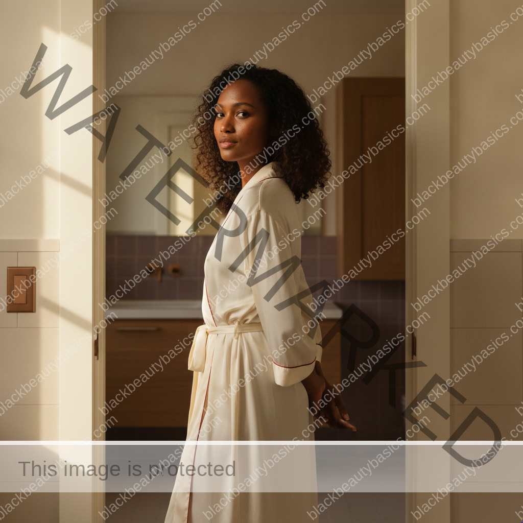 Black woman with rich brown skin keeping a calm two-week skincare reset built around consistency and comfort practical in daily life