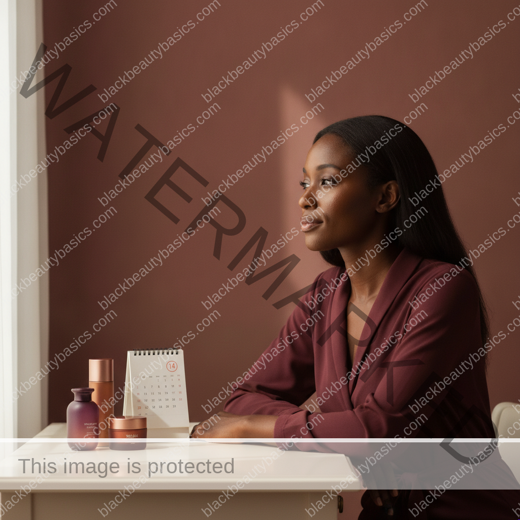 Black woman thoughtfully considering a calm two-week skincare reset built around consistency and comfort