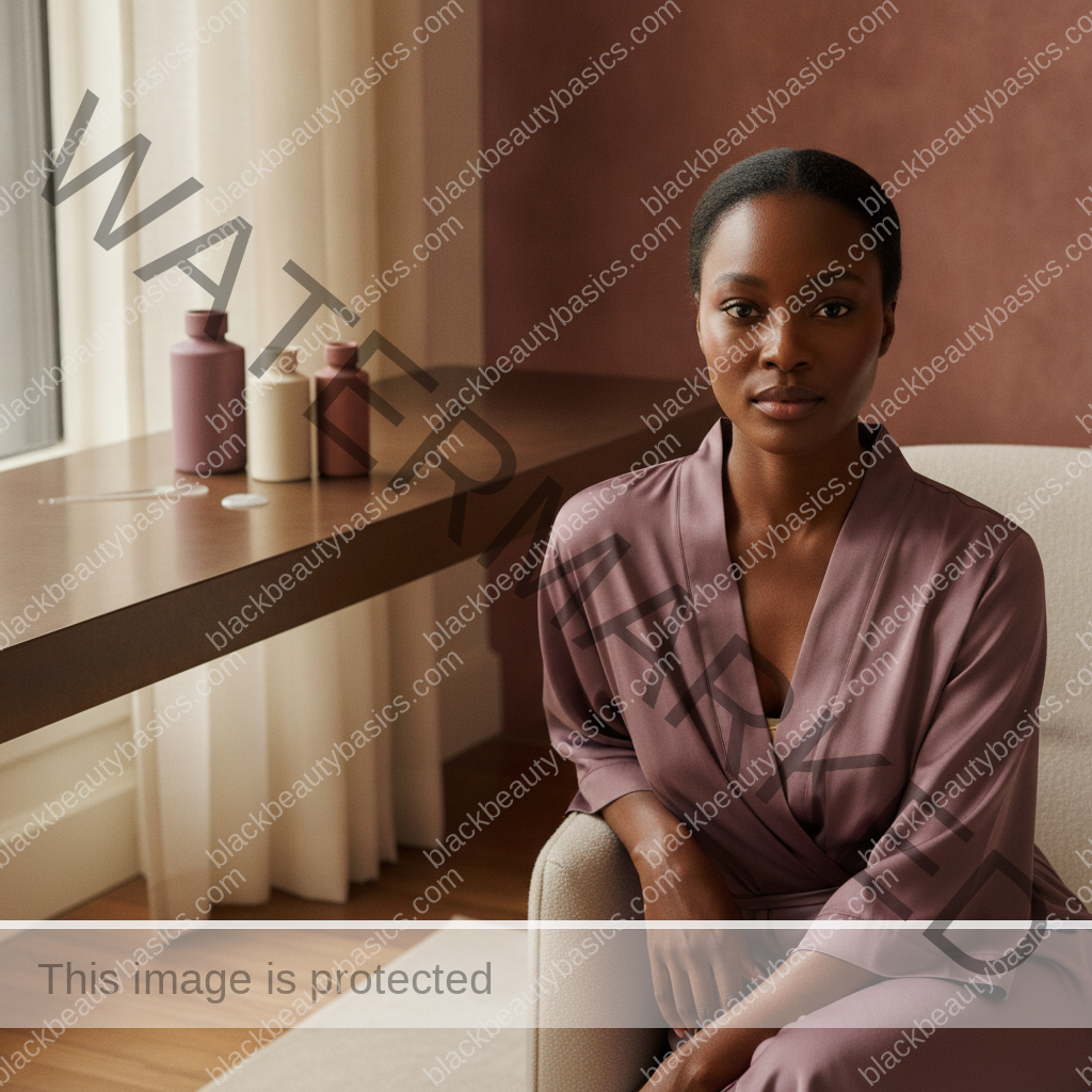 Black woman considering a practical skincare routine for how to avoid pilling when your routine includes serum, moisturizer, and spf