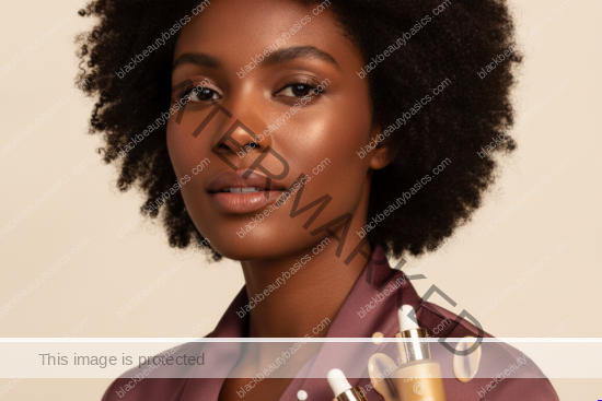 Black woman with rich brown skin in an editorial portrait for how to avoid pilling when your routine includes serum, moisturizer, and spf