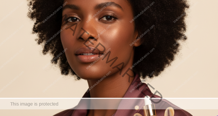 Black woman with rich brown skin in an editorial portrait for how to avoid pilling when your routine includes serum, moisturizer, and spf