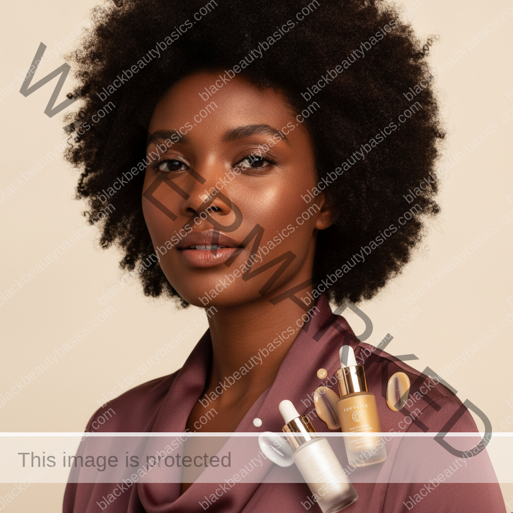 Black woman with rich brown skin in an editorial portrait for how to avoid pilling when your routine includes serum, moisturizer, and spf