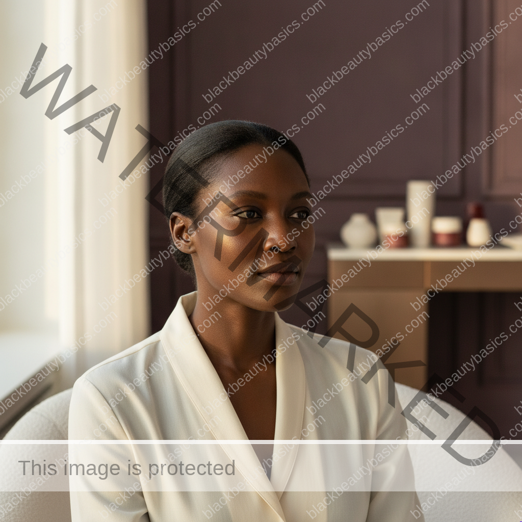 Black woman considering a practical skincare routine for how to treat dark marks when your skin is also sensitive